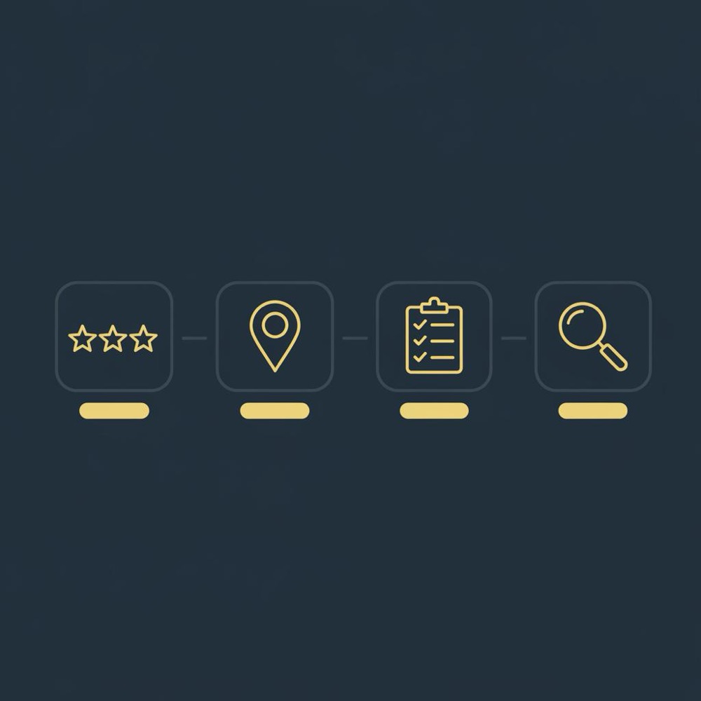 Minimal 2D vector infographic with review stars, map marker, checklist and magnifying glass icons on dark blue background representing local SEO