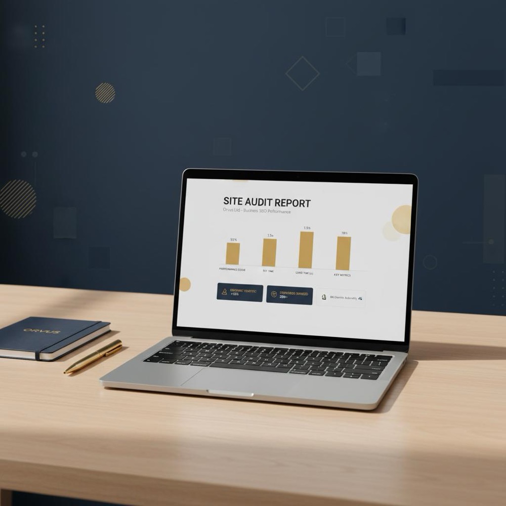 Minimalist workspace with laptop showing SEO for business site audit report and performance chart, Orvus Ltd brand colors #0B1E33 and #C8A45D, no people.
