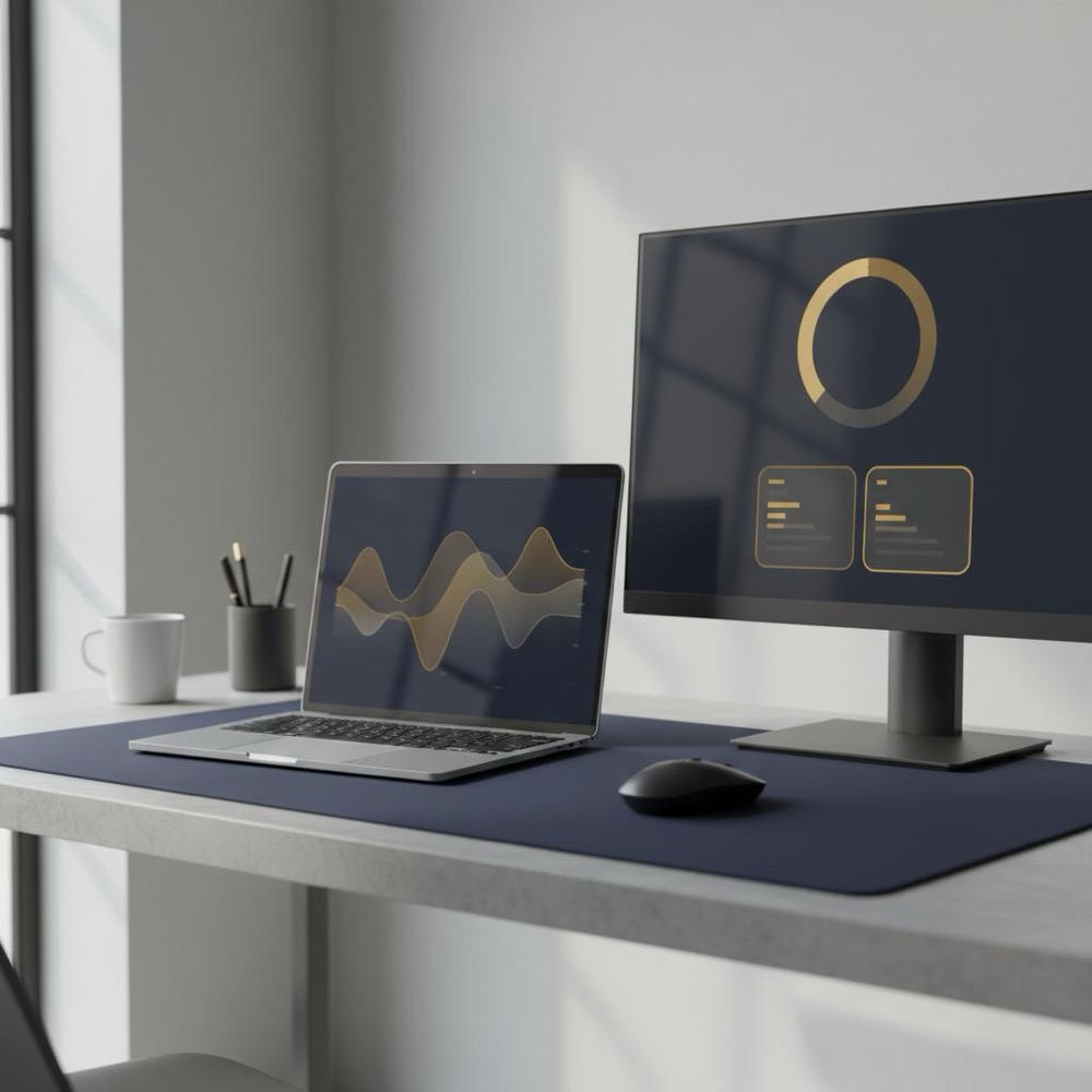Minimalist workspace with a laptop showing a Search Console performance chart and a second monitor with PageSpeed Insights-style scores, Orvus gold accents. google seo tools