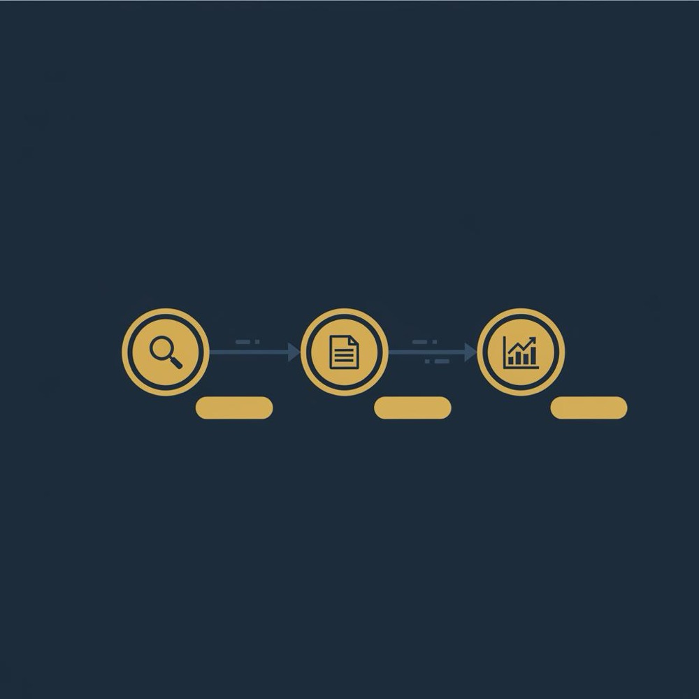 Minimal 2D vector roadmap infographic for google seo: three connected icon nodes (magnifying glass, document, bar chart) on deep navy background with gold accents