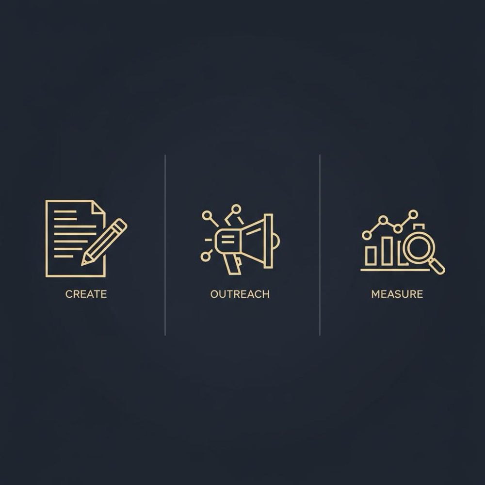 Minimalist 2D vector infographic with three vertical panels showing icons for create, outreach, and measure on dark navy background - create a backlink for my website