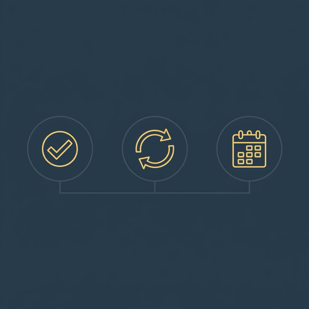Minimal 2D vector infographic showing a weekly‑biweekly‑monthly SEO rhythm with three icons on dark blue background for DIY SEO workflow.