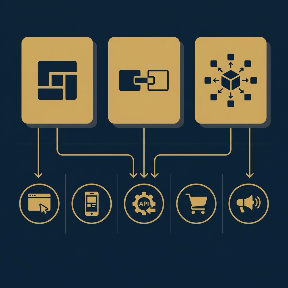 Vector infographic showing three CMS architecture options monolithic hybrid headless with arrows to channels and tools cms seo