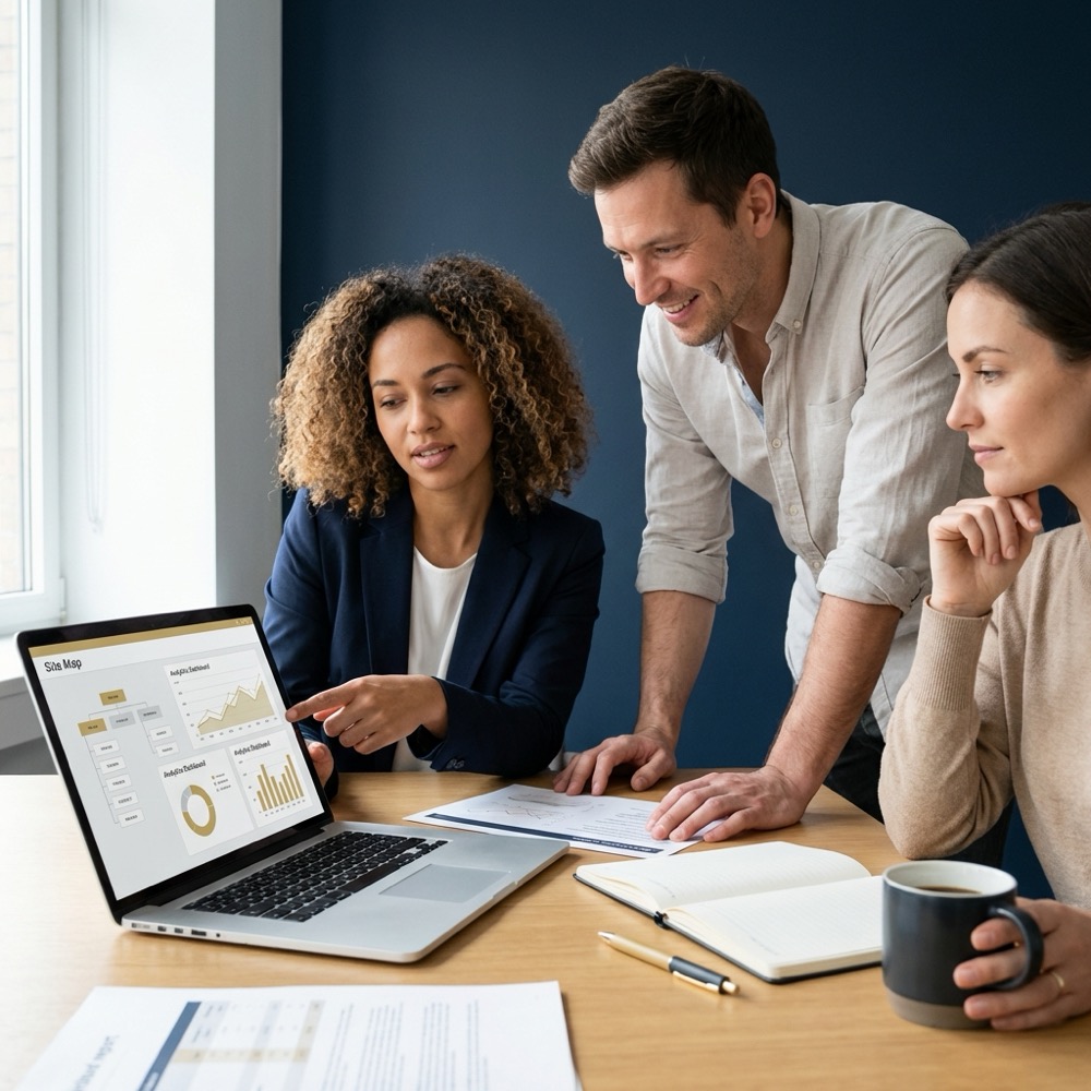 Small marketing team reviewing site map and analytics on a laptop in a minimalist navy office with Orvus Ltd brand colors focusing on website ranking on google