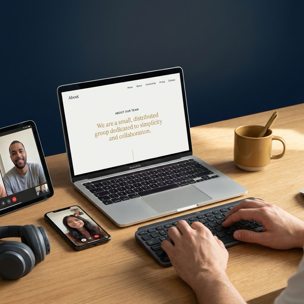 Minimalist photo of a remote team at a tidy desk with a laptop showing an About page and ahrefs com visible on screen in brand colors