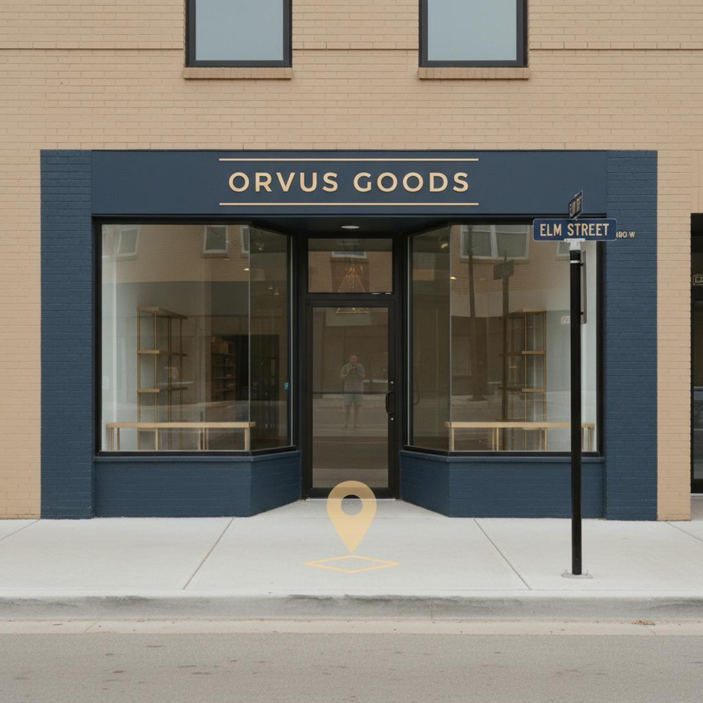Neighborhood storefront with clear signage and adjacent street sign framed for local search optimization; soft natural light, Orvus color-graded in navy and warm gold