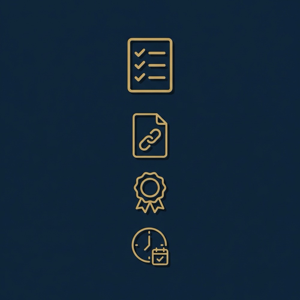 Minimal 2D vector infographic of a checklist and provenance metadata icons on deep navy background designed for seo