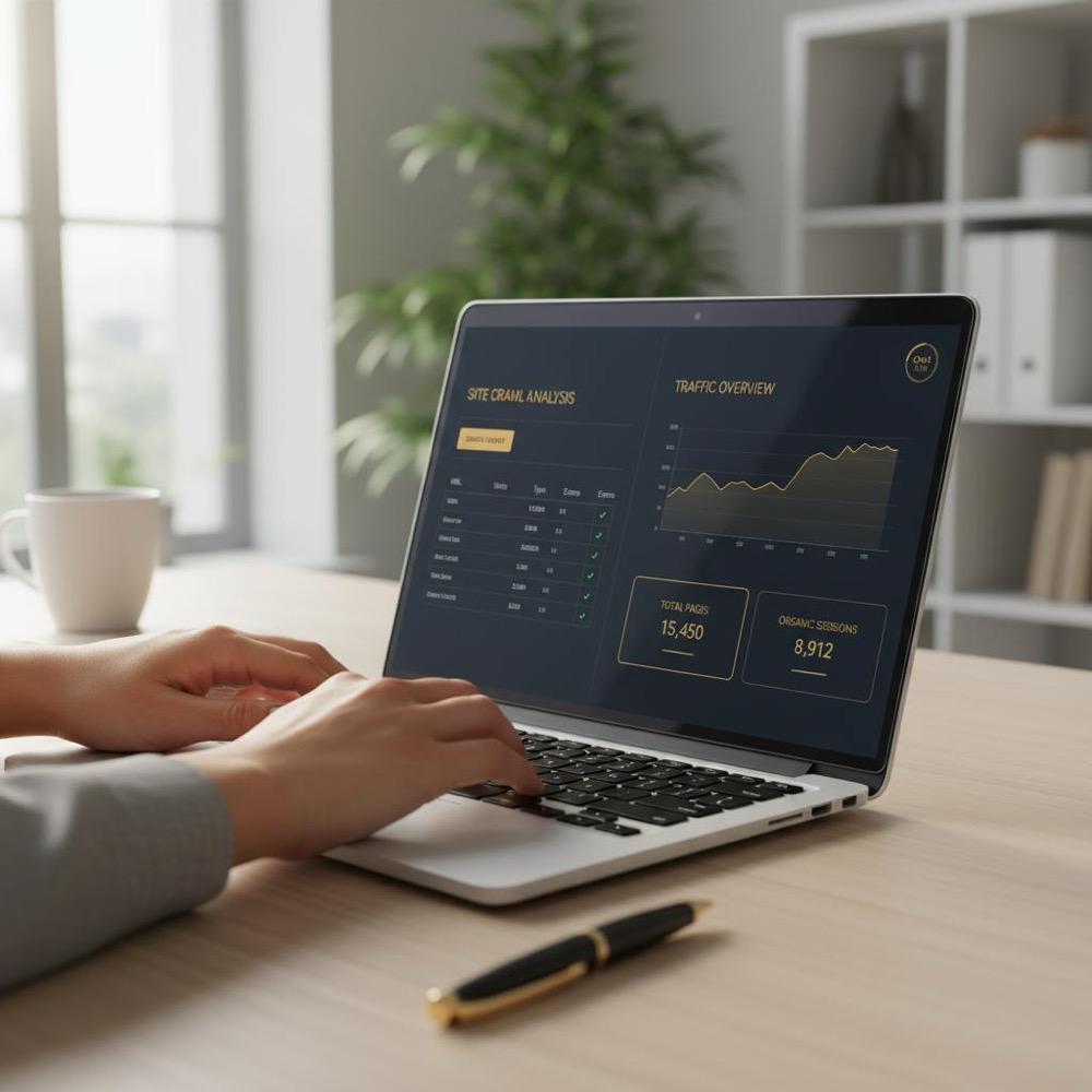 Close-up of an seo expert's hands typing on a laptop displaying a crawl report and analytics dashboard, minimal Orvus Ltd brand colors (#C8A45D, #2E3237) and natural lighting.