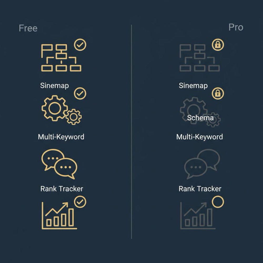 Minimal vector split infographic comparing free vs pro features with sitemap, schema, multi-keyword and rank tracker icons in Orvus Ltd palette - rank math free