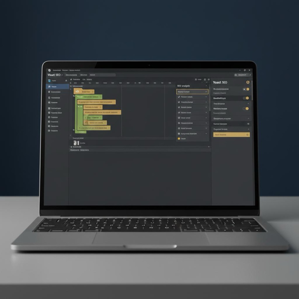 Close-up laptop showing WordPress post editor with Yoast SEO plugin panels visible against dark blue #0B1E33 background and subtle gold accents #C8A45D, clean minimalist layout (yoast seo plugin).