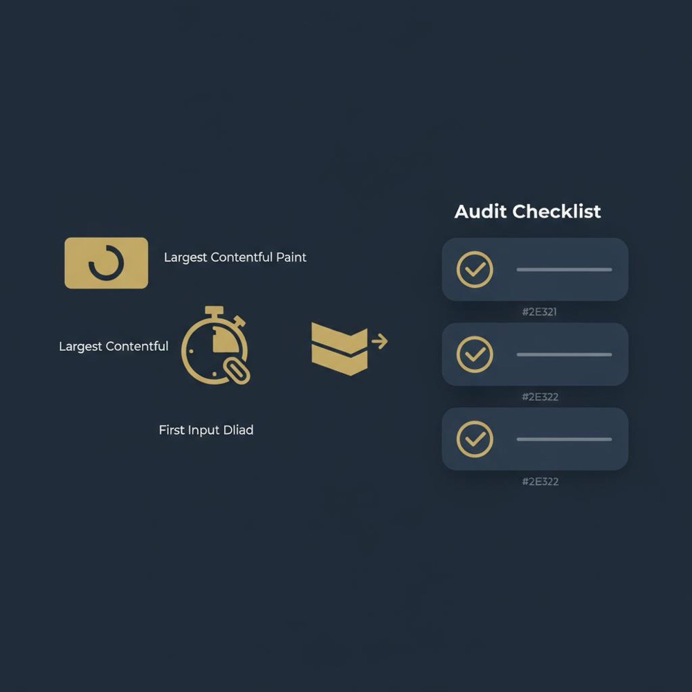 Minimal vector infographic with core web vitals icons and a simple audit checklist on a dark blue background for website seo services