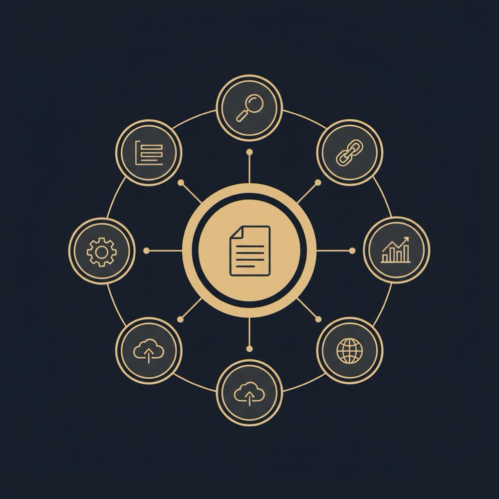 Minimal vector pillar-and-cluster infographic showing SEO content architecture with a central pillar node and surrounding cluster nodes on dark navy background