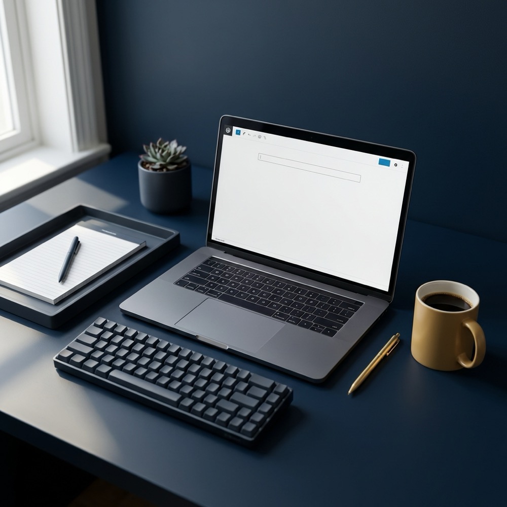 Minimalist workspace with laptop notepad and coffee for blog writing on deep navy background with warm gold and dark slate accents
