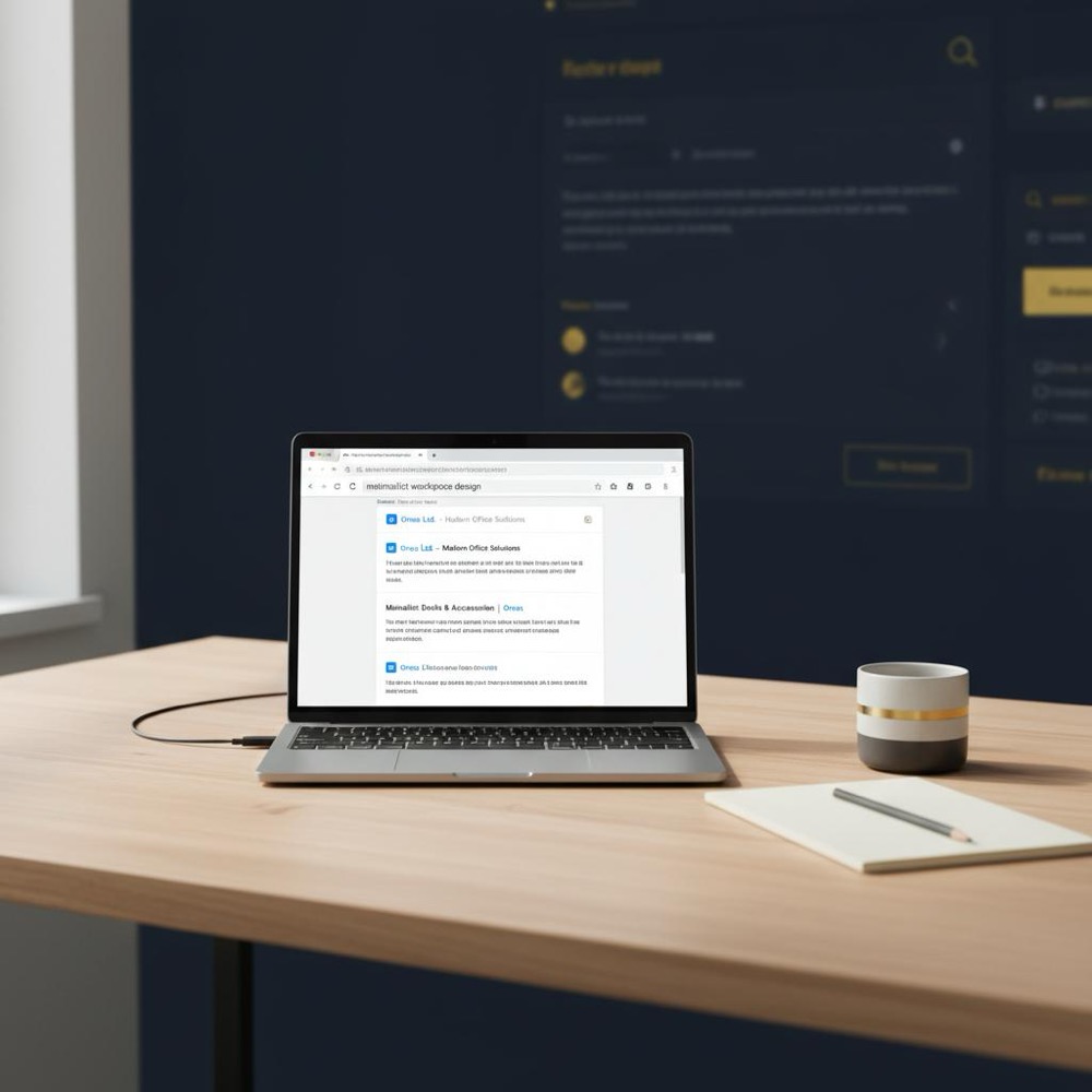Minimalist desk with laptop showing search results page and subtle Orvus Ltd. accents in #C8A45D, deep navy background, shallow depth of field - how to check my SEO ranking