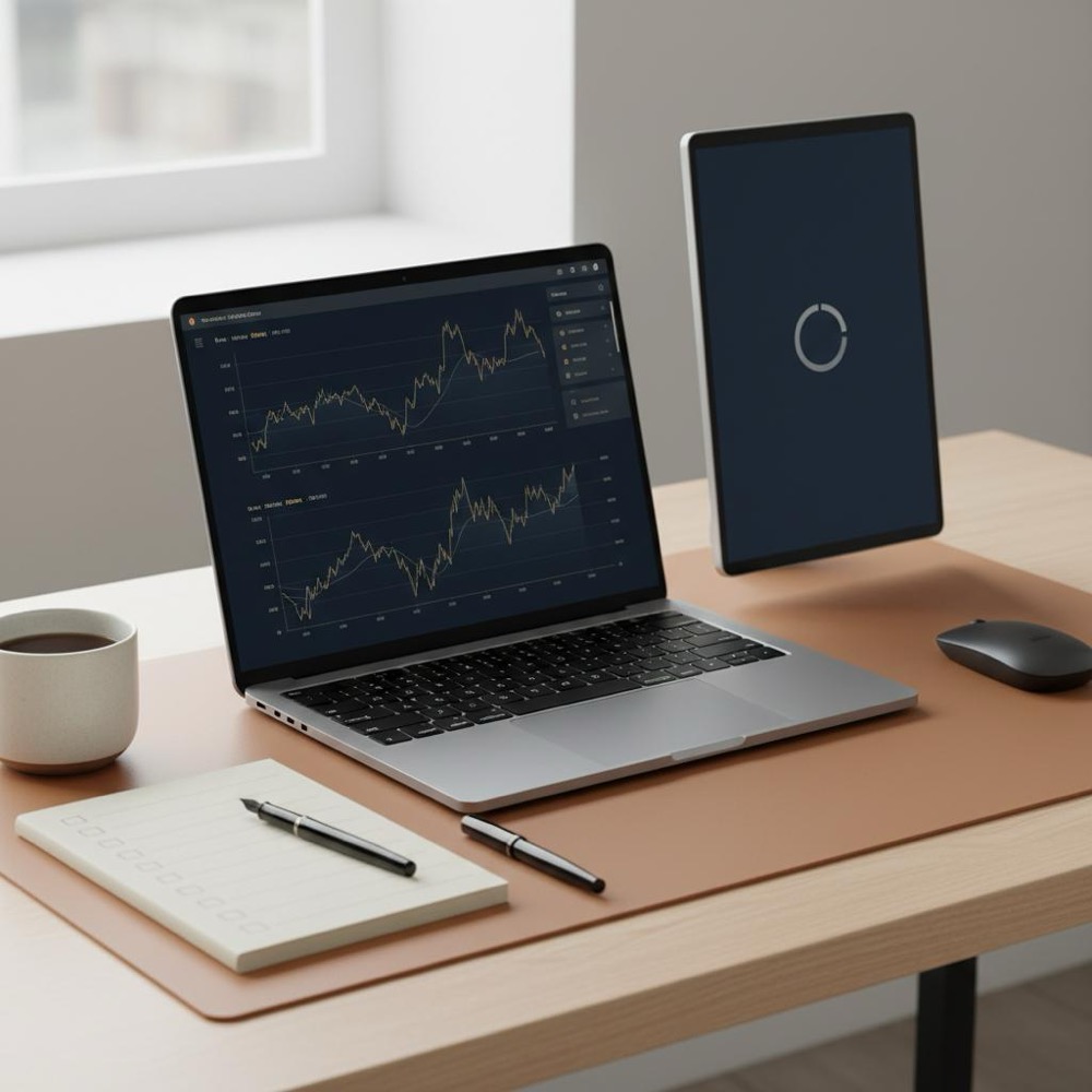 Tidy minimalist workspace showing laptop with navy analytics charts and gold highlights, notebook checklist, secondary screen with slow-loading icon - hire seo consultant