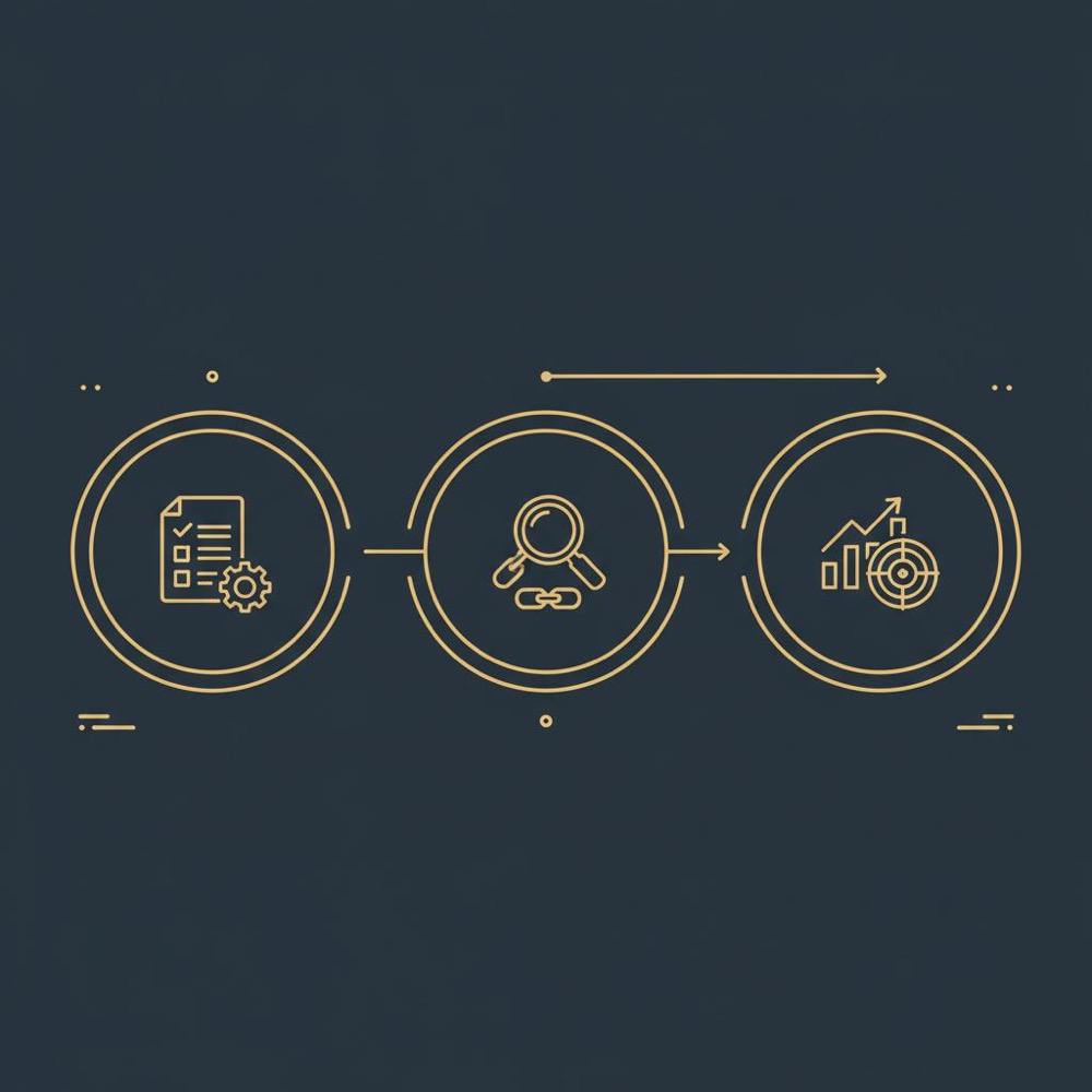 Minimal 2D vector infographic of a 30-60-90 day plan with three icons for planning, outreach and growth on #0B1E33 background in Orvus Ltd palette - on-site vs off-site SEO