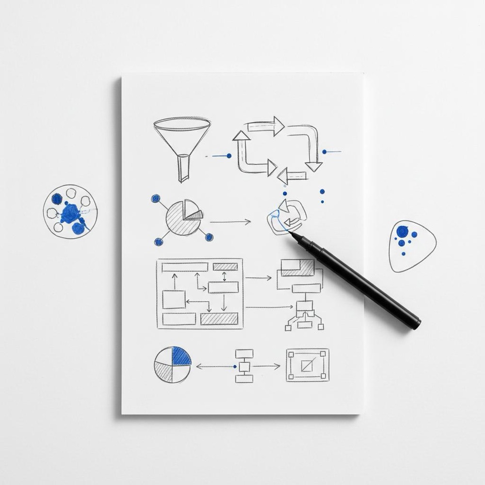 Minimal top-down notebook workspace with storyboard thumbnails, pen-sketched funnel and supporting diagrams, paint palette and guitar pick - concept for tiktok ads for artists