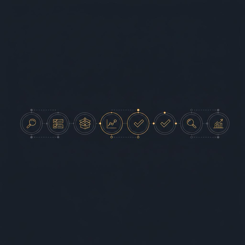 Minimal 2D vector 7-day checklist infographic with magnifier, checklist, export and tracking icons on dark #0B1E33 background with #C8A45D accents - eRank free
