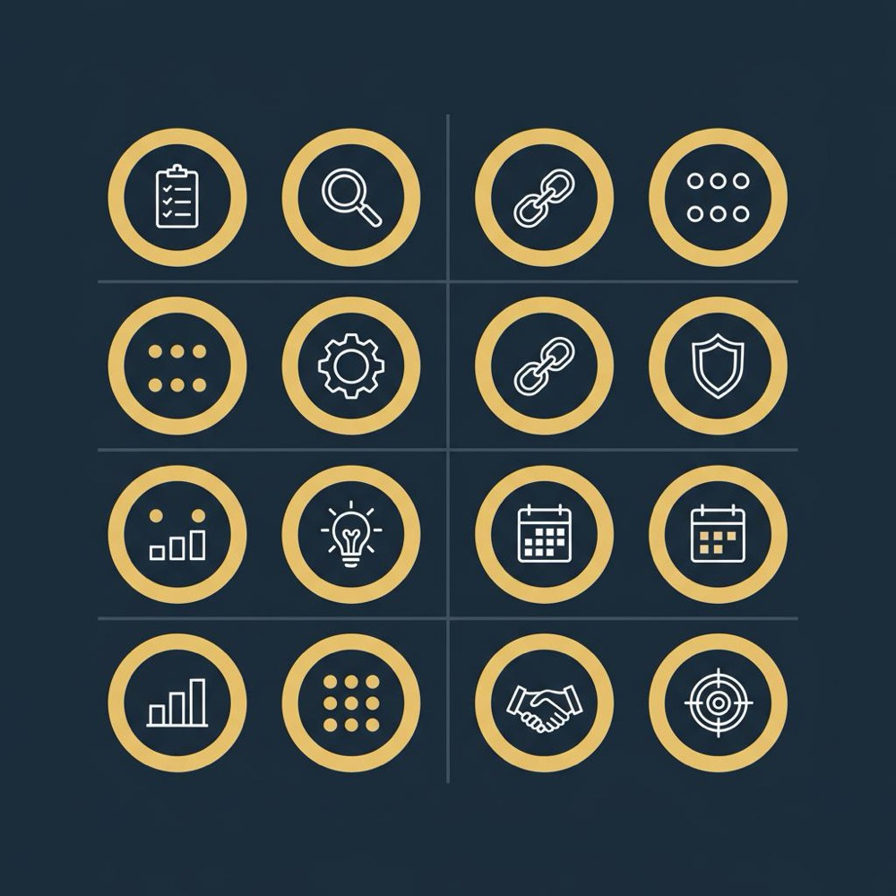 Minimal 2D vector infographic of a 10-step plan using dot-cluster step badges and simple icons on deep navy background in Orvus Ltd. colors, illustrating a white hat technique.