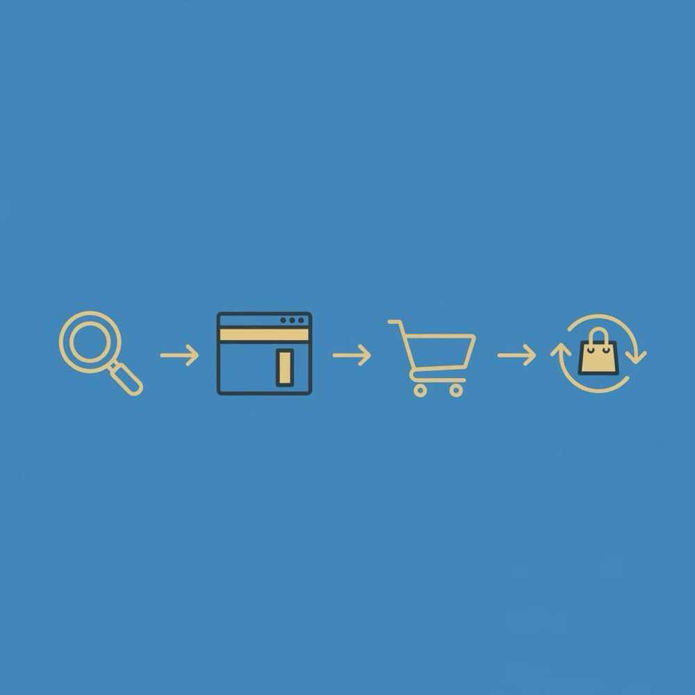 Minimal 2D vector flow diagram showing discovery, content, purchase and repeat customer with icons (magnifying glass, webpage, cart, repeat loop) in Orvus palette - is seo worth it for ecommerce