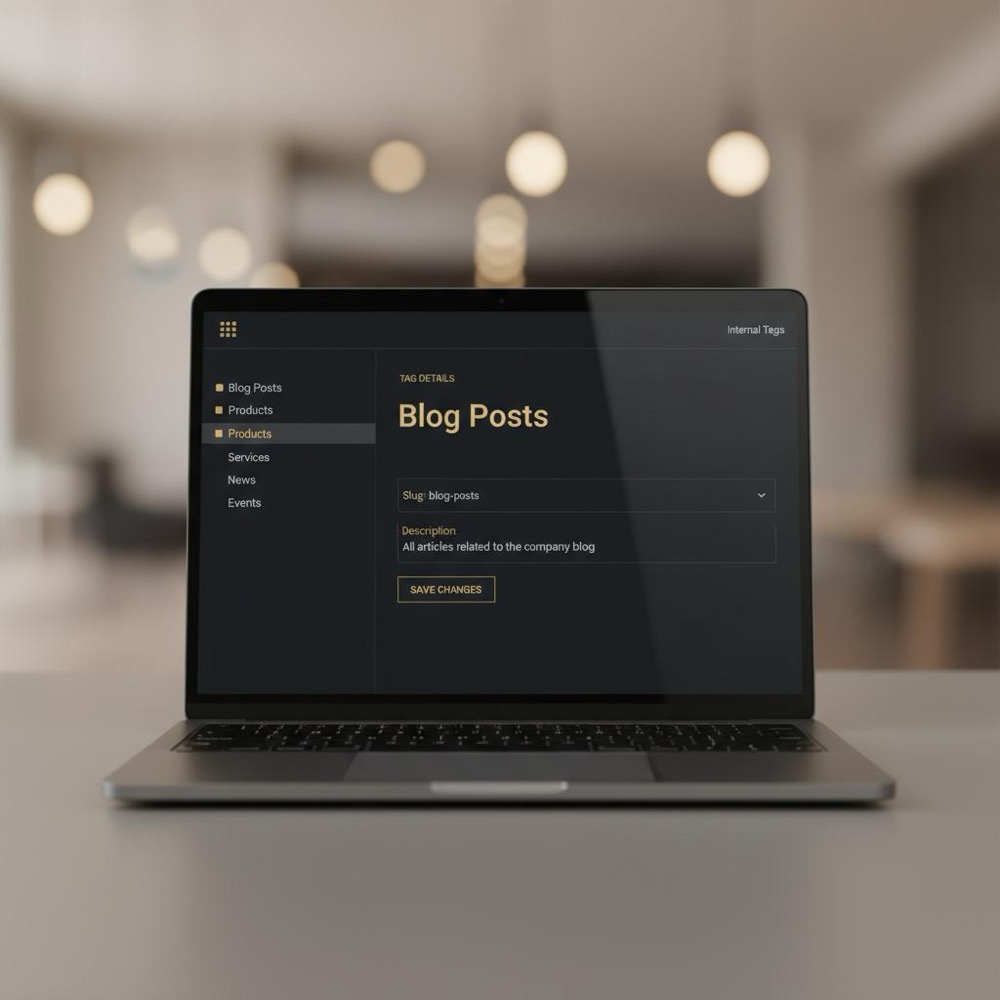Laptop showing a clean CMS internal tags panel highlighting meta keywords on a #0B1E33 background with #C8A45D accents, minimalist workspace blur