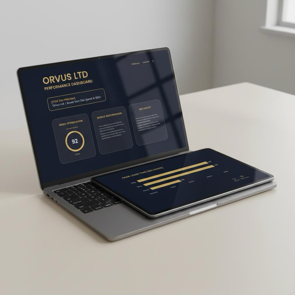 Photorealistic laptop and tablet mockup showing headings, a title tag preview, and a speed score chart on a minimalist desk with Orvus Ltd brand accents for on-page SEO services.