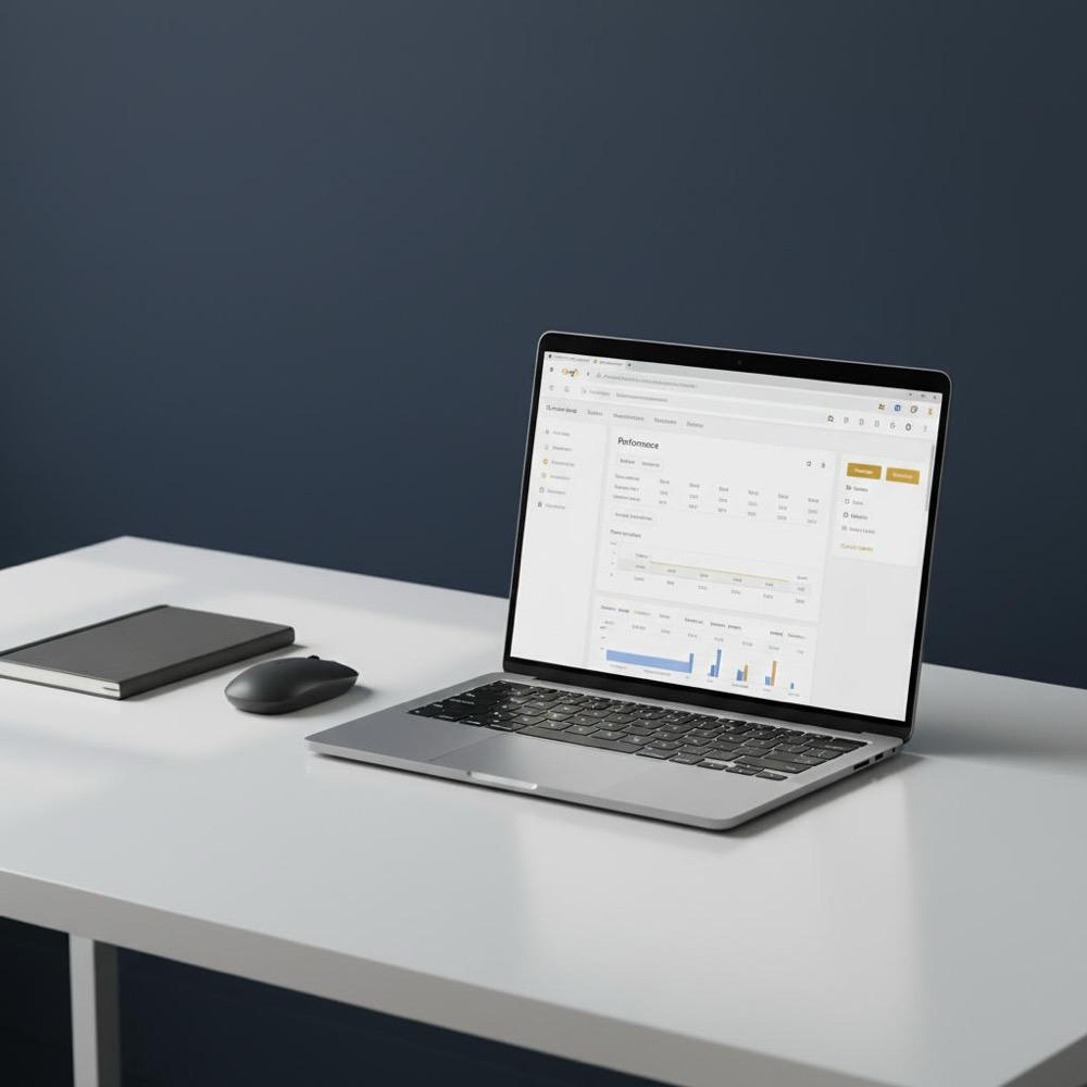 Minimalist workspace with laptop showing Google Search Console, focused on screen and keyboard, highlighting best free SEO tool using Orvus Ltd. brand color #C8A45D
