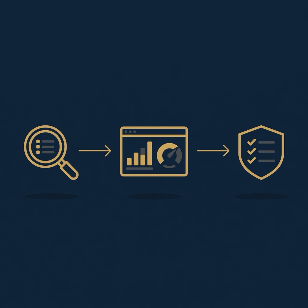 Minimalist 2D vector infographic showing flow from se ranking outputs to analytics dashboards and governance steps on a deep navy background with Orvus brand colors