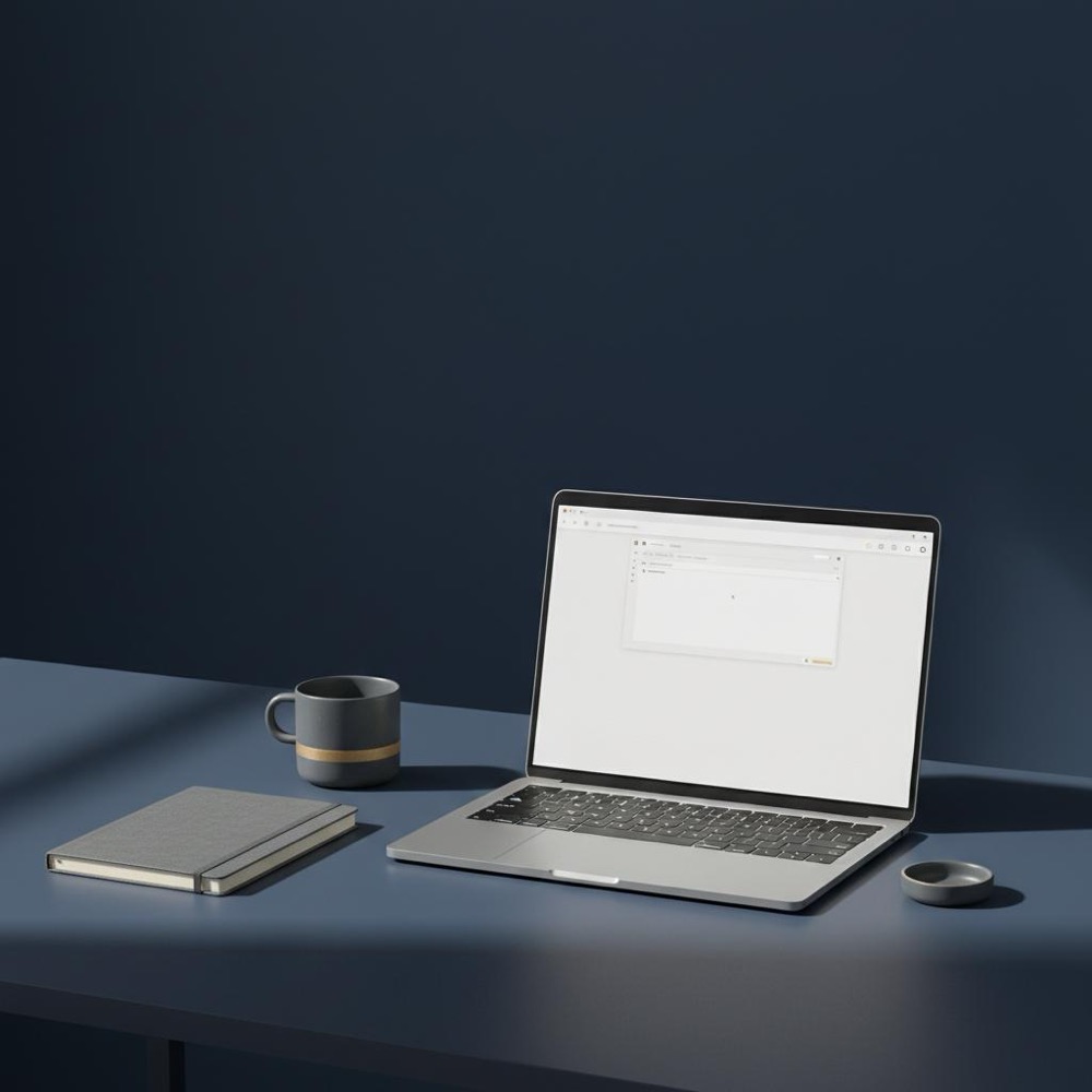 Tidy modern desk with laptop showing a minimal writing editor UI, notebook and cup with subtle #C8A45D accents on deep navy background - surfer seo