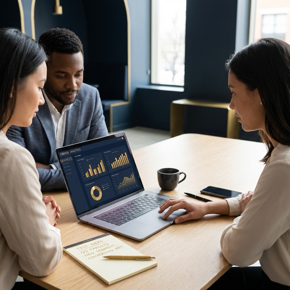 Small diverse team reviewing analytics on a laptop with charts and a notepad in a minimalist Orvus Ltd styled workspace deep navy background seo agency