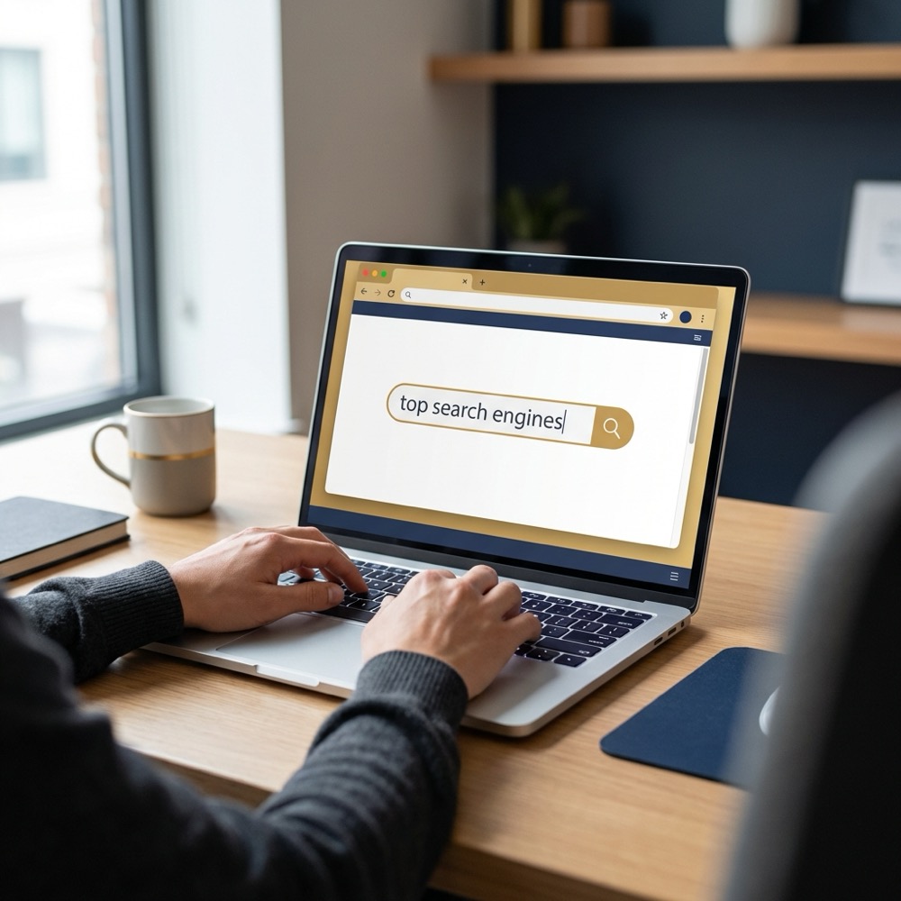 Person typing on a laptop with a visible search box showing top search engines in a softly lit minimalist office with deep navy background and warm gold accents