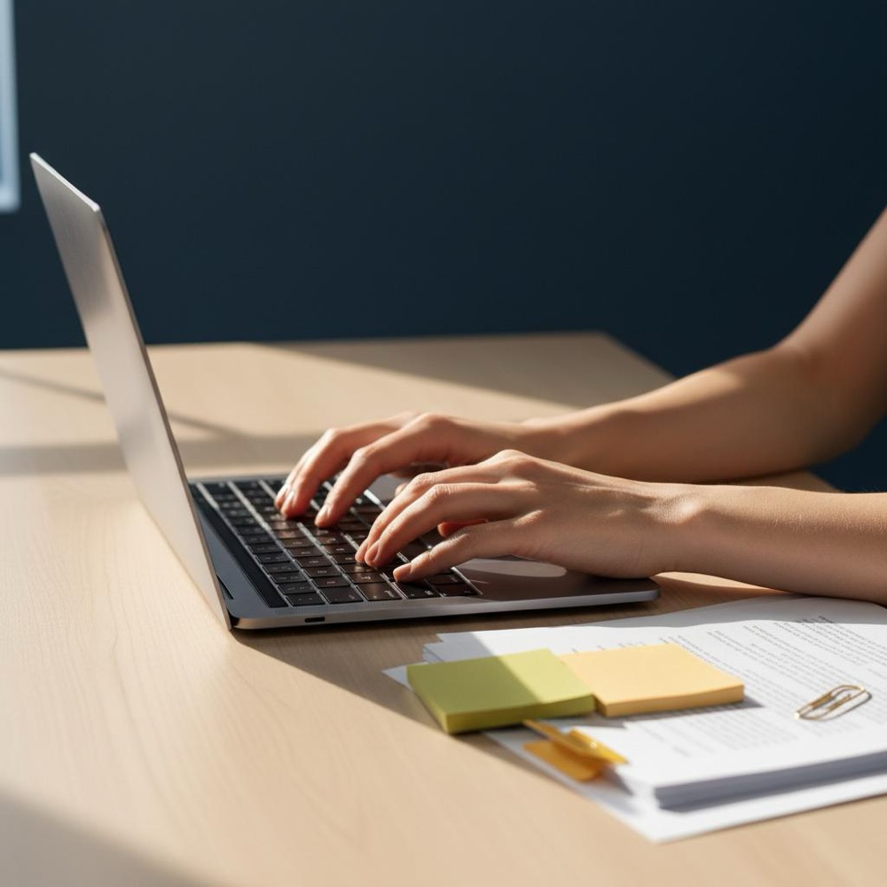 Close-up of hands typing on a laptop beside a printed draft and sticky notes with subtle Orvus Ltd. accent #C8A45D, warm editorial lighting, rewrite