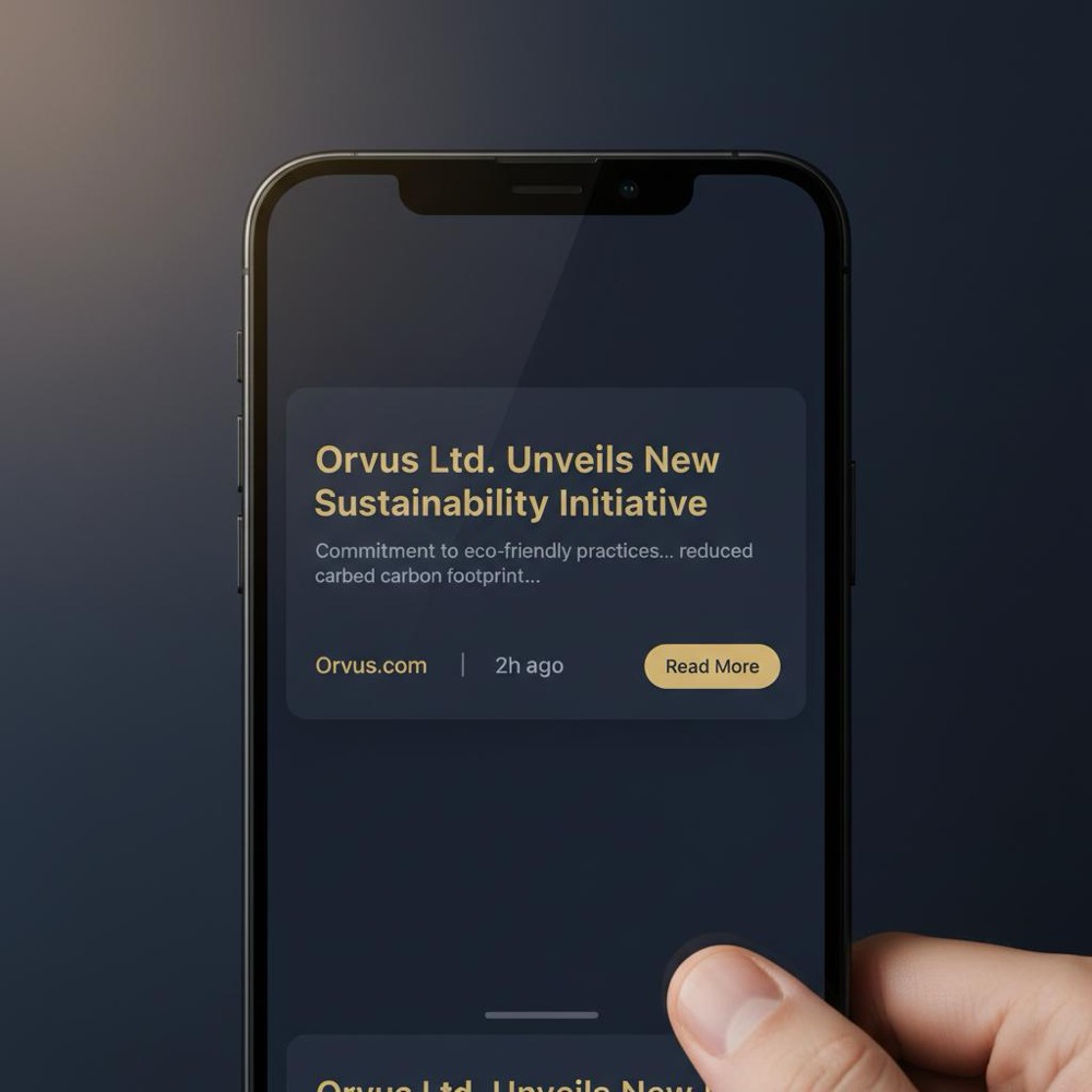 Minimalist photoreal smartphone showing a readable in-app search result in a feed with warm lighting and Orvus Ltd. color accents, optimized for social search optimization.