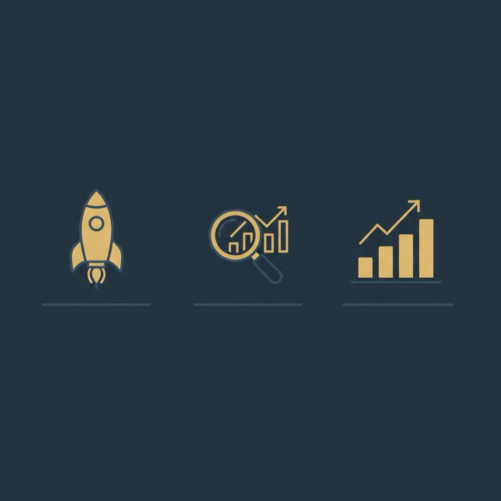 Minimal 2D vector infographic with three icons (rocket, magnifying glass with chart, ascending bars with arrow) on dark #0B1E33 background using Orvus Ltd. colors to illustrate organic search process.