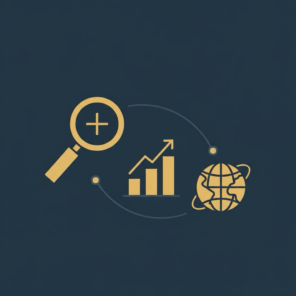 Minimal 2D vector infographic with magnifier, upward graph and globe icons on #0B1E33 background with #C8A45D and #2E3237 accents, illustrating the most searched thing on Google.