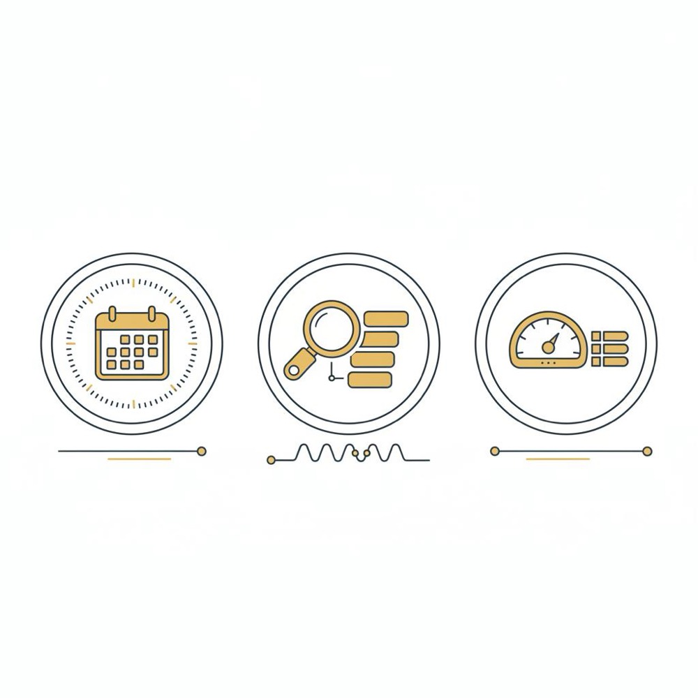 Minimal 2D vector infographic for google seo showing three icons: a circular calendar (30-day plan), a magnifier with keyword chips, and a Core Web Vitals speed gauge.