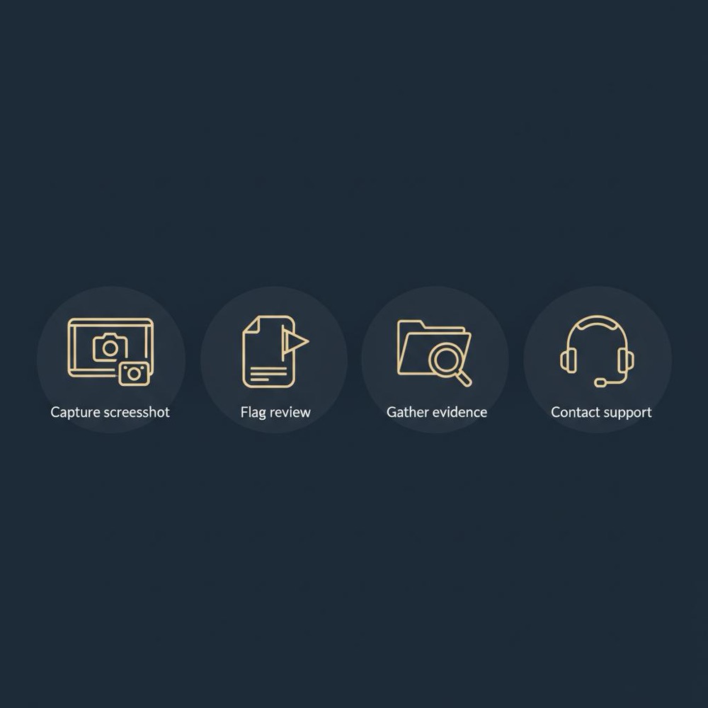 Minimal Orvus Ltd. vector infographic with four step icons (screenshot, flag review, gather evidence, contact support) on #0B1E33 background showing how to delete my Google review