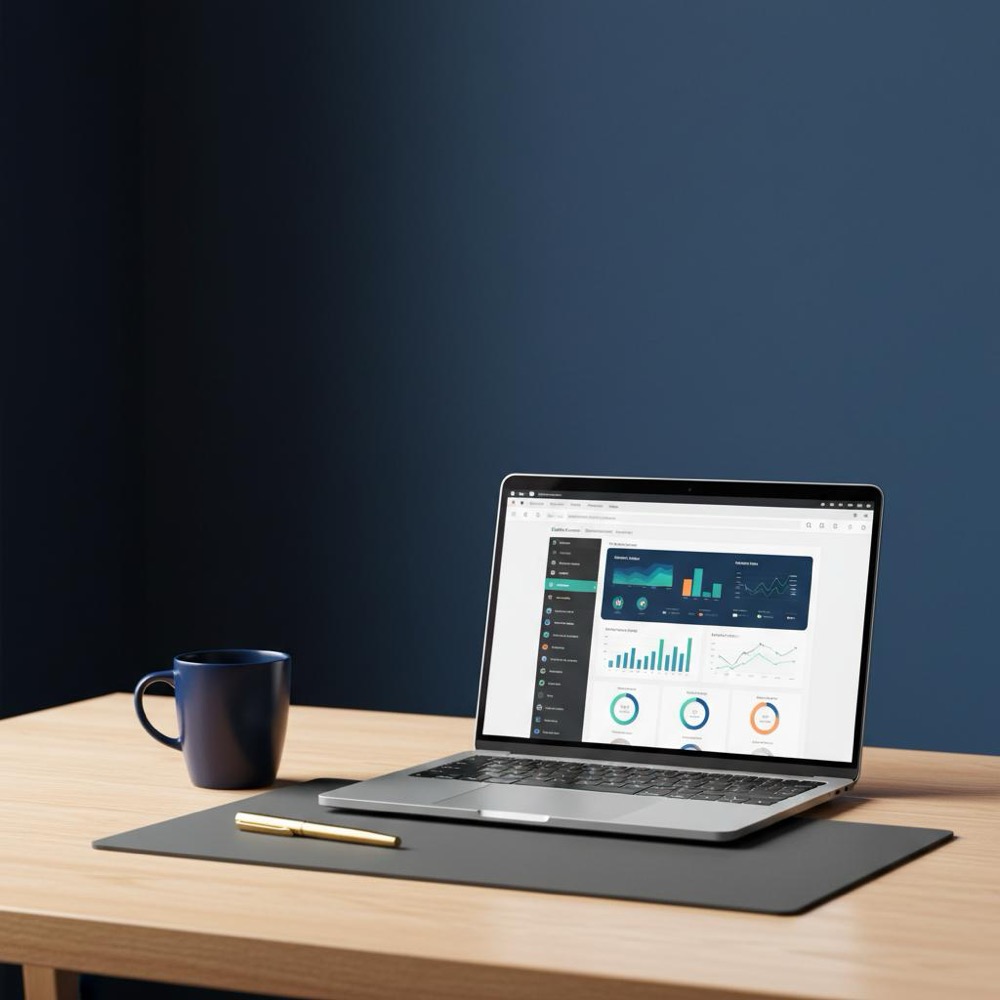 Moz SEO dashboard on a laptop at a minimalist small-business desk with navy mug and golden accent in Orvus brand colors, natural window light, clean modern workspace.