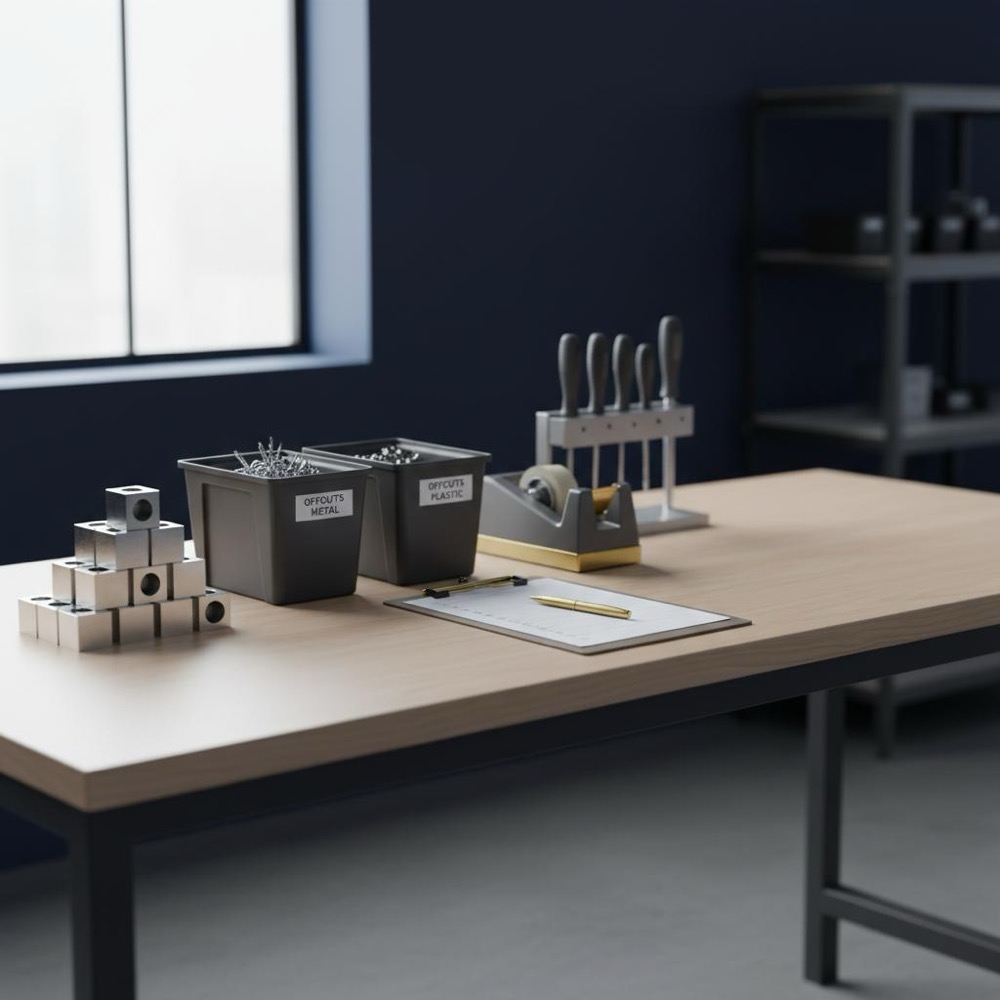 Tidy micro-factory bench with finished products, neat offcut bins and clipboard in natural light, minimalist composition with subtle #C8A45D accent for SEO