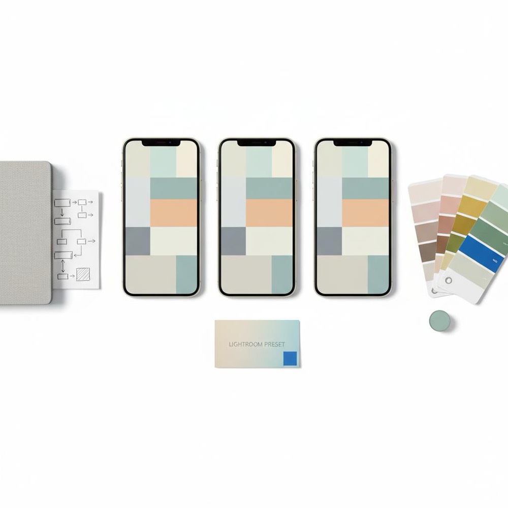 What apps do most Instagrammers use? Top-down flat-lay of three abstracted smartphone screens, Lightroom preset card and #1a5bfb swatch, closed notebook on white desk, minimalist planning tools.