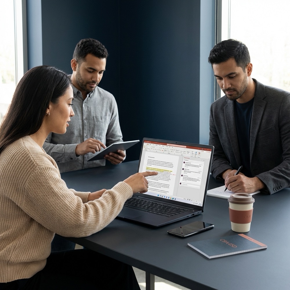 Content team reviewing draft documents with visible comment threads on a laptop in a minimalist Orvus Ltd inspired office palette best ai for writing