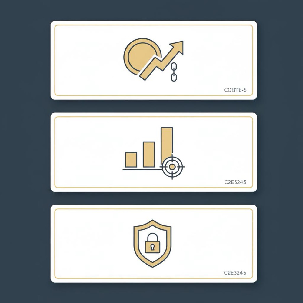 Minimal 2D vector infographic of three stacked panels with simple icons representing earn, measure, and protect in Orvus Ltd brand colors for backlinks