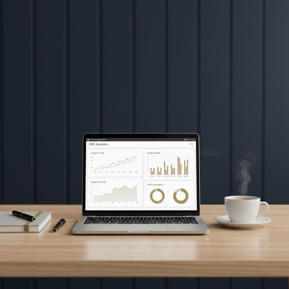 Minimalist office desk with laptop displaying SEO analytics graphs, coffee cup and notebook with Orvus Ltd #C8A45D accent on a deep navy #0B1E33 background - seo pricing