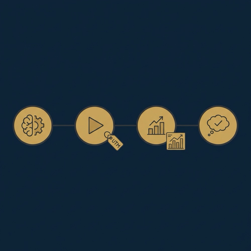 Minimal 2D vector infographic showing a testing workflow plan execute measure decide with UTM and analytics icons on deep blue background for twitter seo