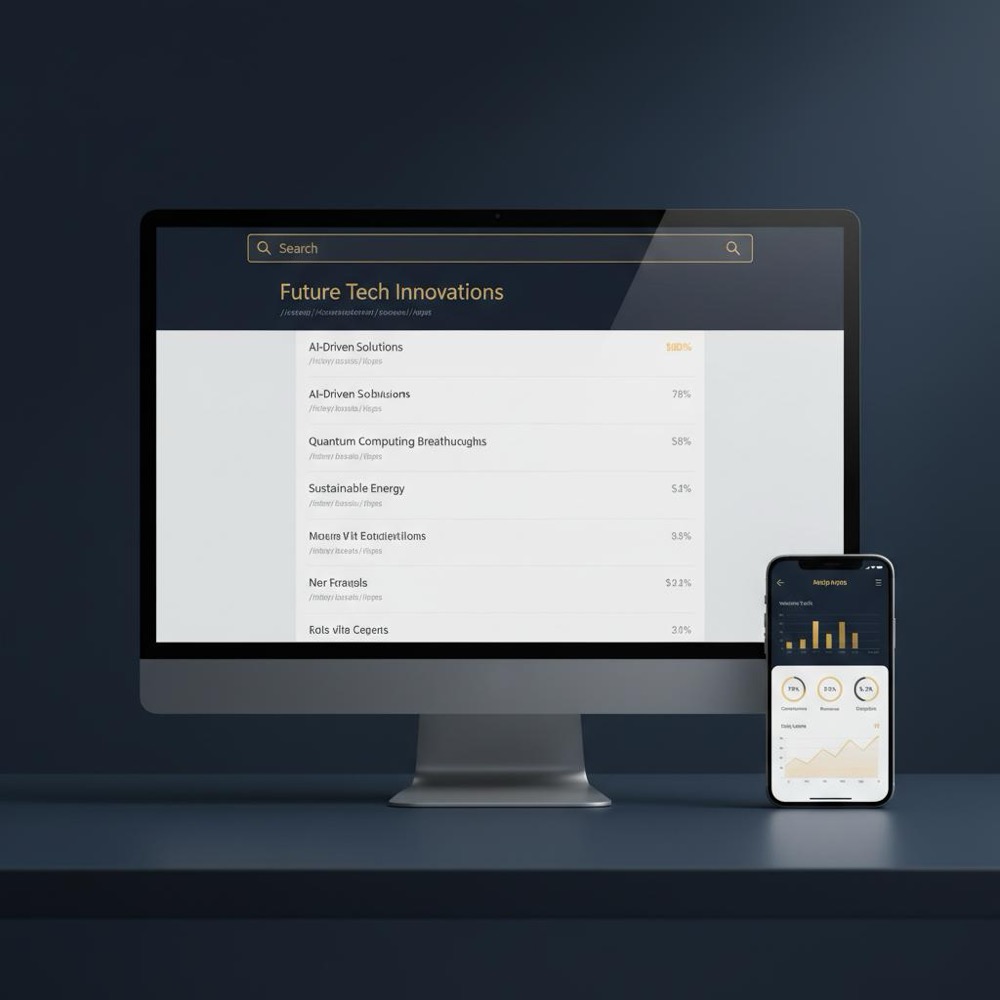 Desktop monitor and smartphone side-by-side showing search results and analytics dashboards in Orvus Ltd. minimalist style, navy #0B1E33 background, check google ranking