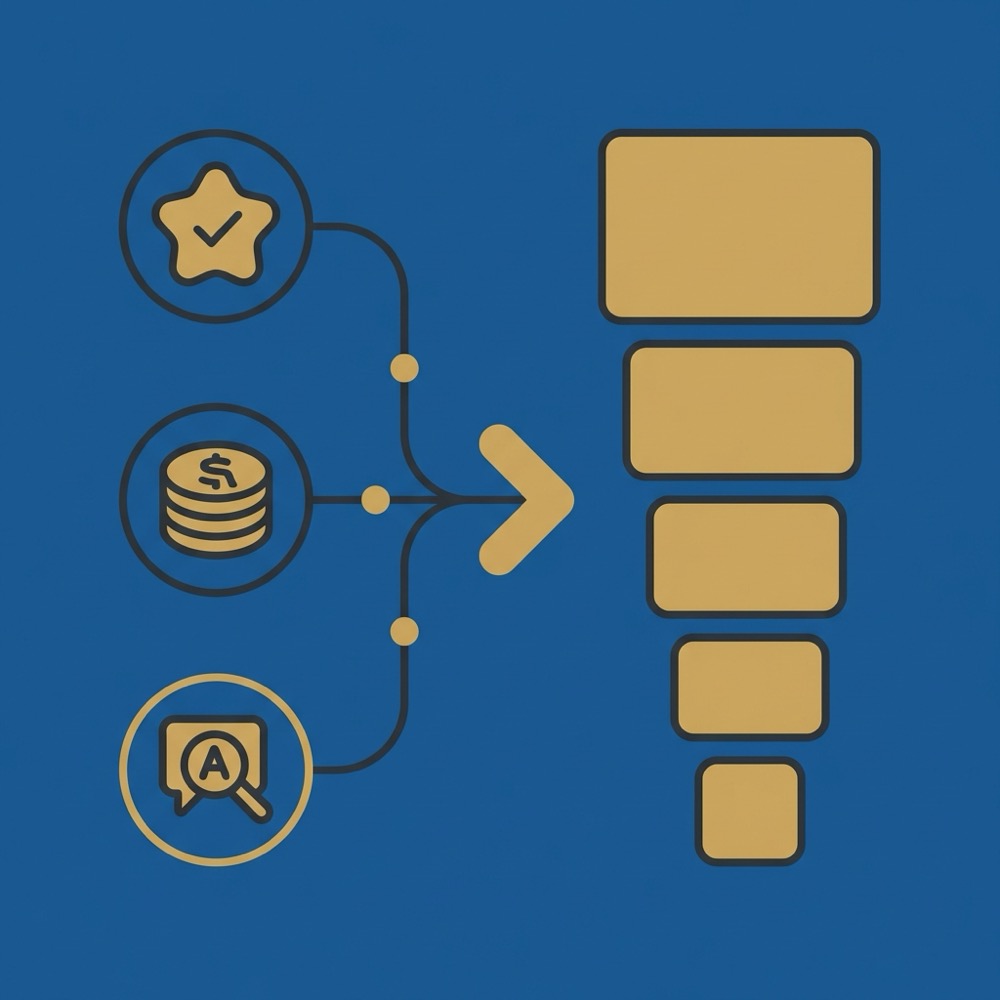 Minimal 2D vector infographic showing ad rank inputs icons flowing into a stacked ranked list of ad slots on deep blue background serp seo