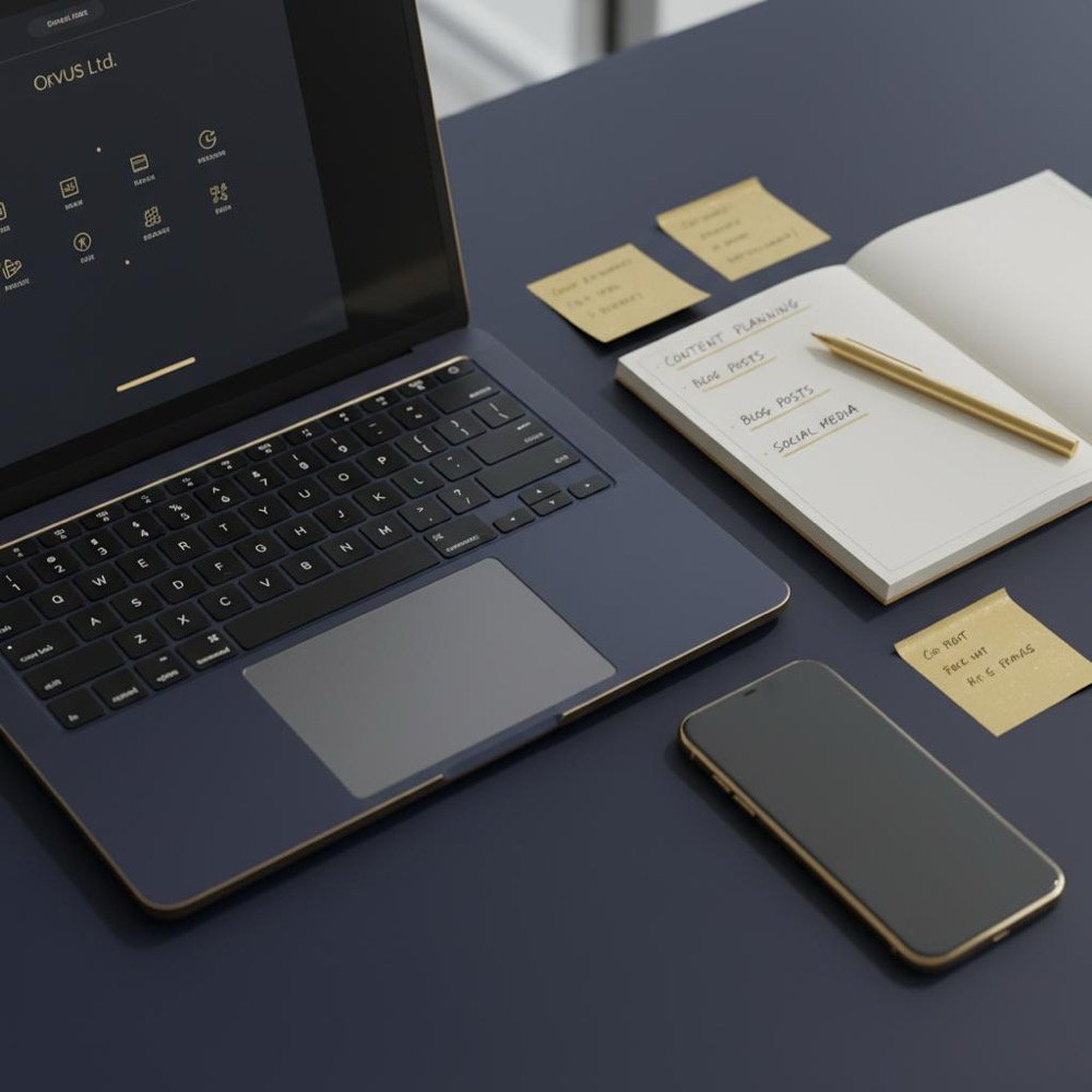 Minimalist workspace with laptop and handwritten notes for SEO content planning, natural light, shallow depth of field, brand highlights #C8A45D