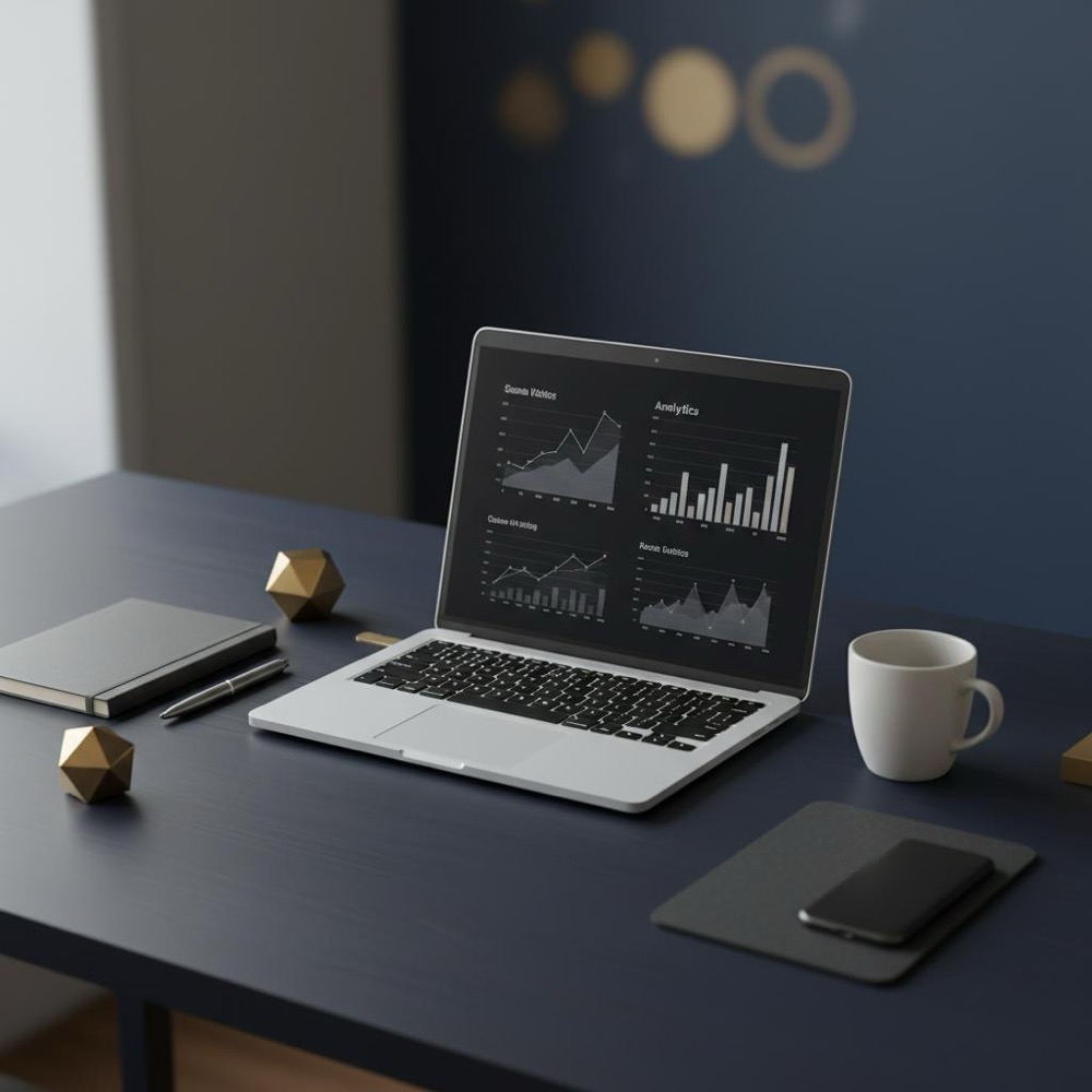 Minimal tidy workspace with laptop showing analytics charts, coffee cup and Orvus Ltd. accents (#C8A45D) illustrating what is a good budget for SEO?