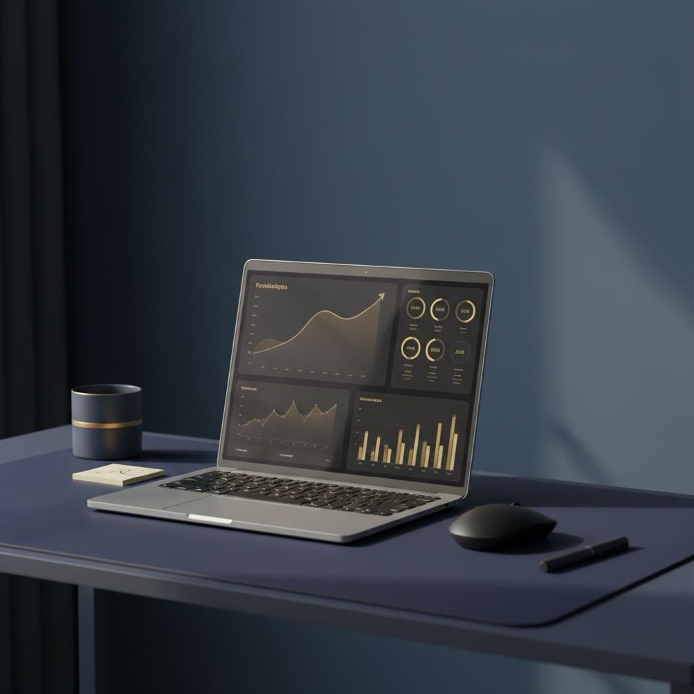 Minimalist desktop workspace with laptop showing analytics dashboard and a gold accent coffee cup on dark navy background, highlighting SEO examples