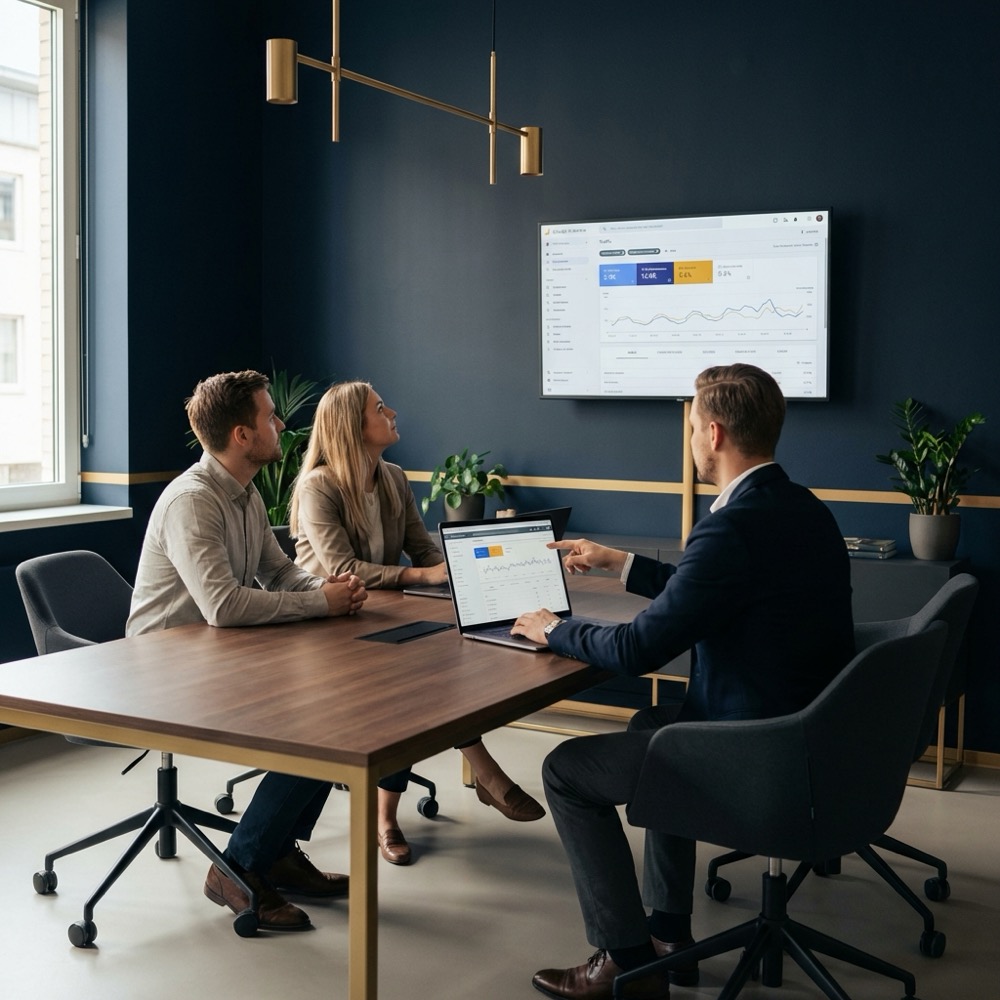 Small team reviewing Search Console and analytics dashboard on a laptop in a minimalist Orvus Ltd navy gold office showing google seo services
